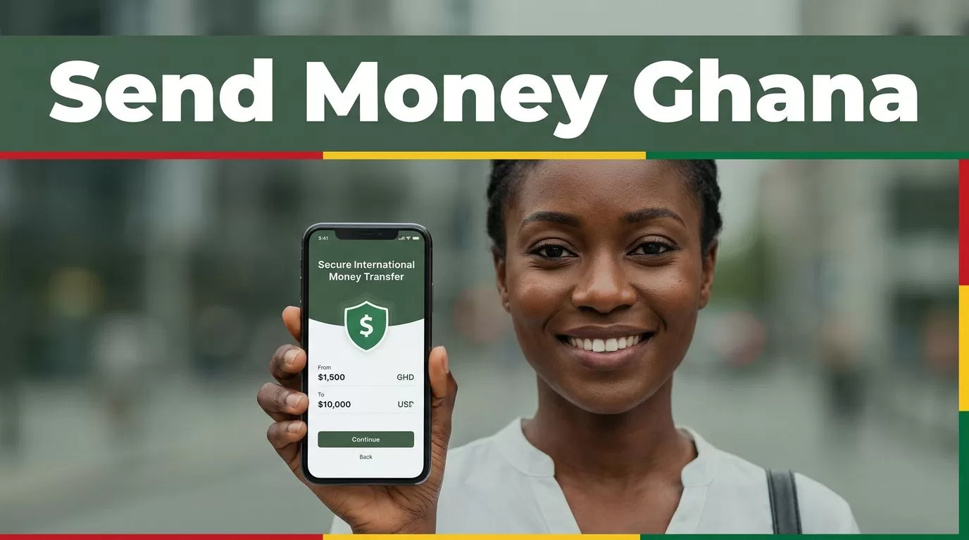A smiling woman holding a smartphone with a secure money transfer app.