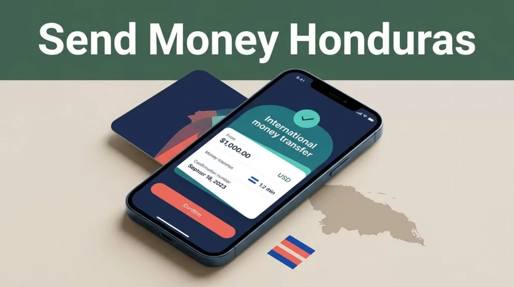 A smartphone showing a money transfer confirmation screen next to subtle Honduras map accents.