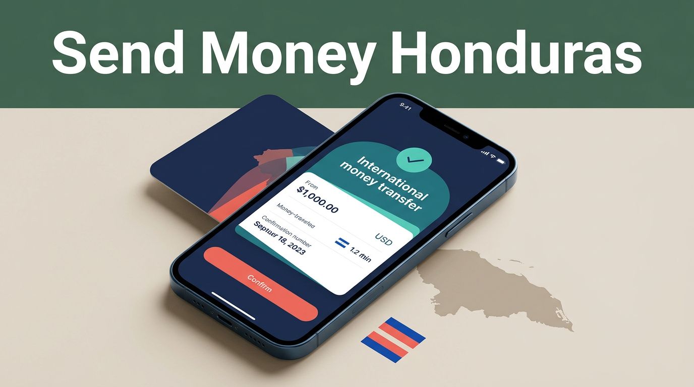 A smartphone showing a money transfer confirmation screen next to subtle Honduras map accents.