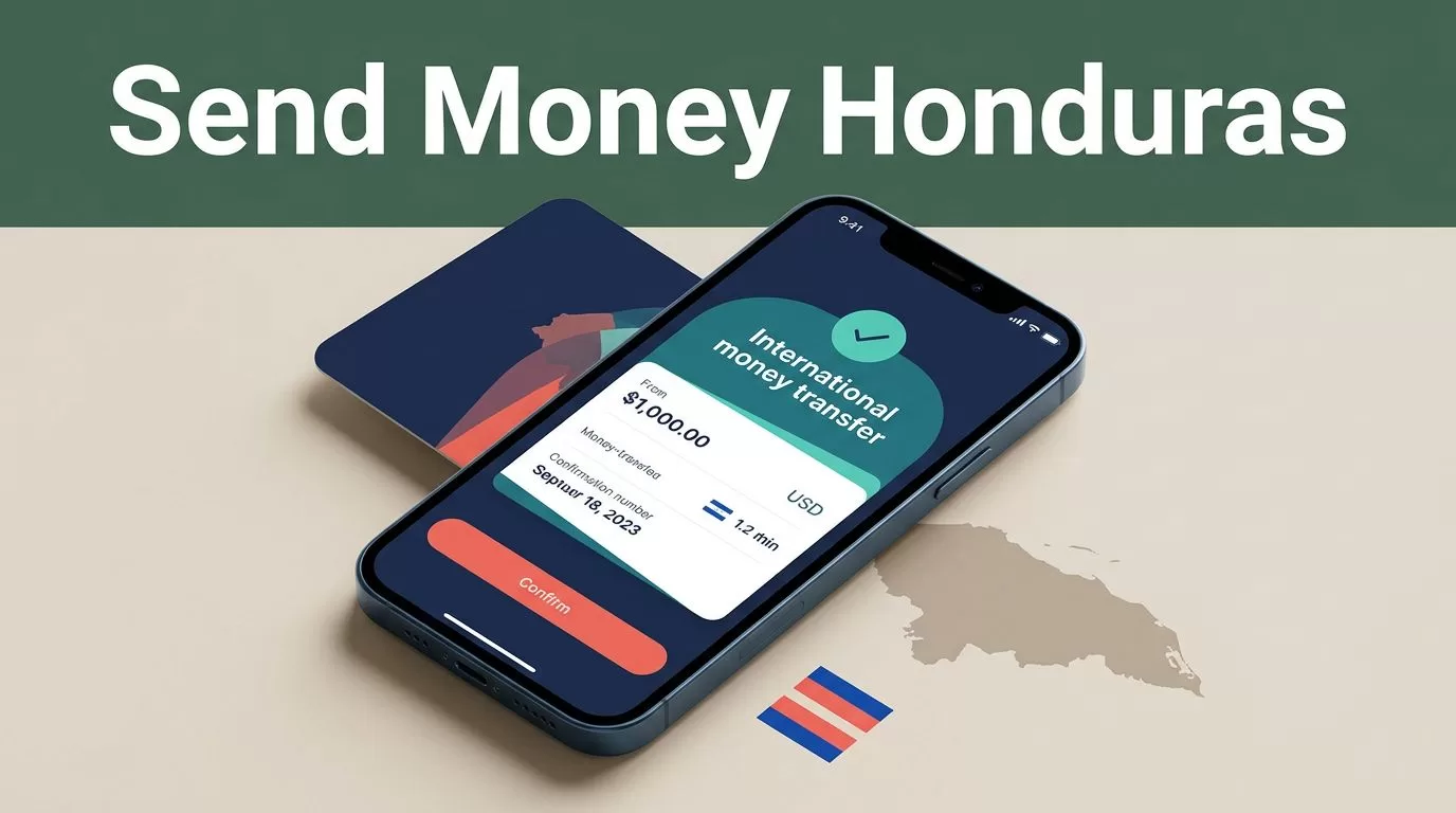 A smartphone showing a money transfer confirmation screen next to subtle Honduras map accents.