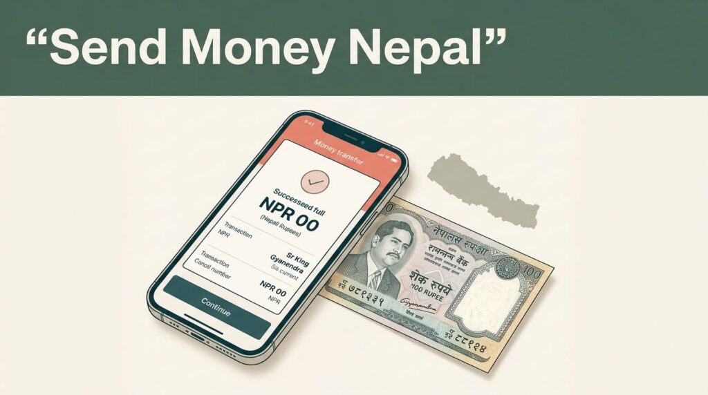 A smartphone with a transfer confirmation beside a Nepalese rupee note and Nepal map.
