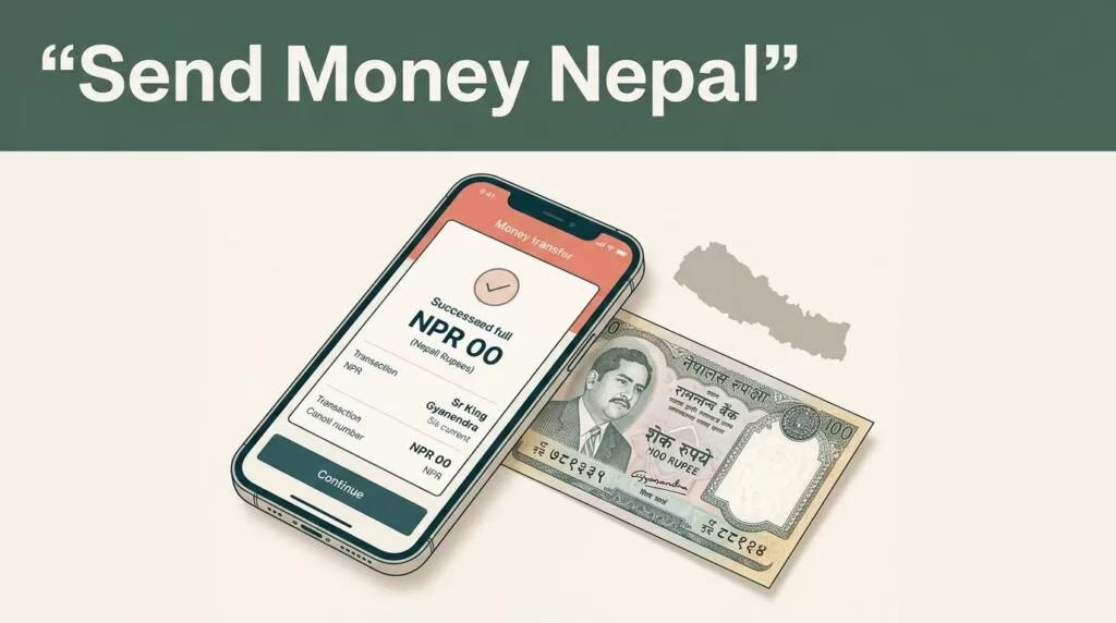 A smartphone with a transfer confirmation beside a Nepalese rupee note and Nepal map.
