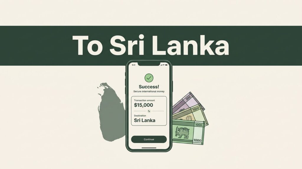 A smartphone showing a secure transfer app next to banknotes and a map.