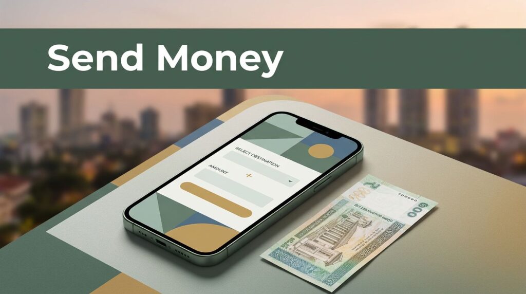 Smartphone showing a money transfer screen beside a Sri Lankan rupee note.