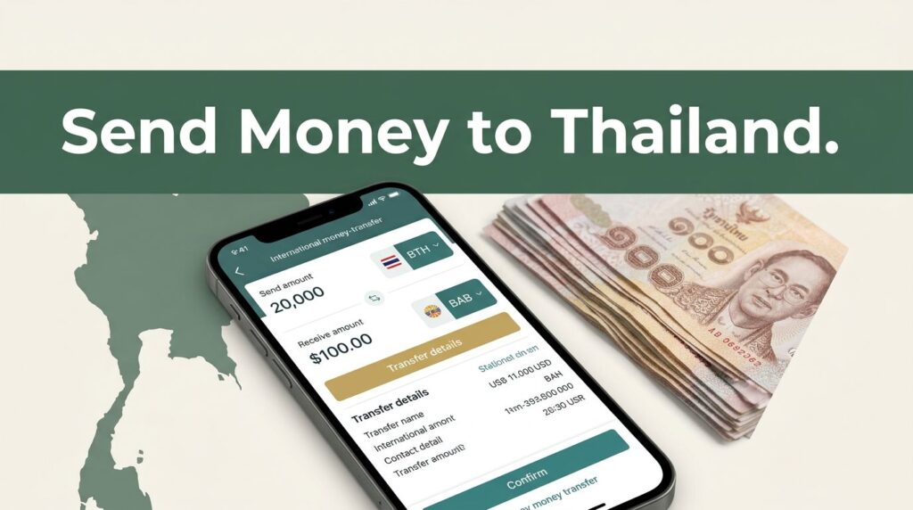 Smartphone transfer screen beside Thai baht notes and a Thailand map design.
