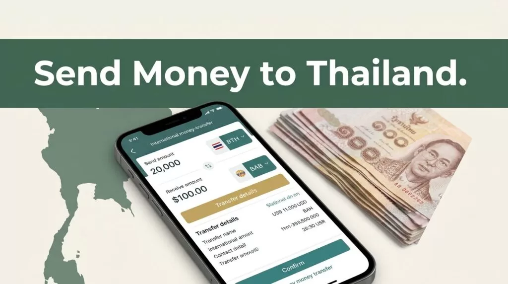 Smartphone transfer screen beside Thai baht notes and a Thailand map design.