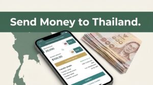 Smartphone transfer screen beside Thai baht notes and a Thailand map design.