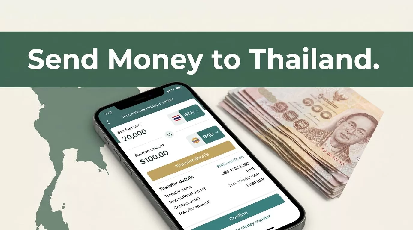 Smartphone transfer screen beside Thai baht notes and a Thailand map design.