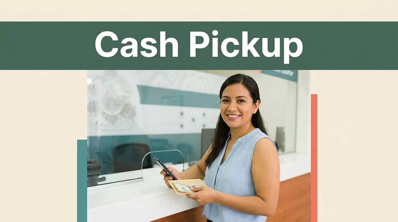 A smiling woman holding cash and a smartphone at a payout counter.