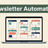 A laptop displaying a colorful automated email workflow on a cream background.