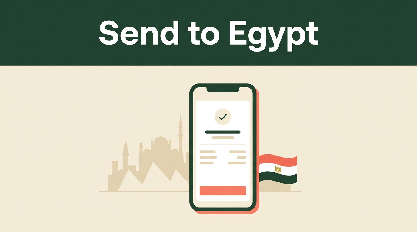 A smartphone showing a money transfer confirmation next to a Cairo skyline and Egyptian flag.