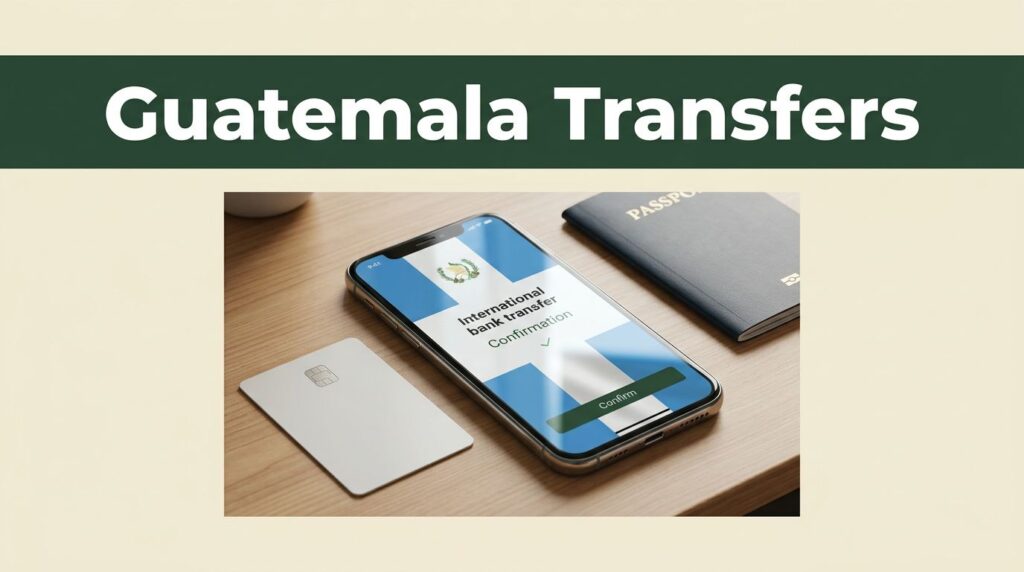A smartphone showing a bank transfer confirmation next to a card and passport on a desk.