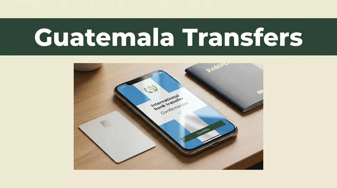 A smartphone showing a bank transfer confirmation next to a card and passport on a desk.