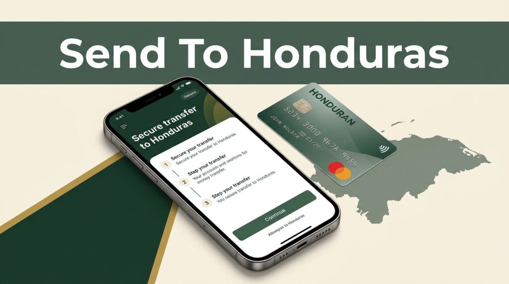 A smartphone with a financial transfer app next to a bank card and map.