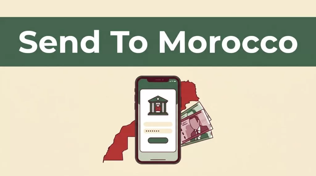 A smartphone showing a secure transfer app next to a Morocco map and currency notes.