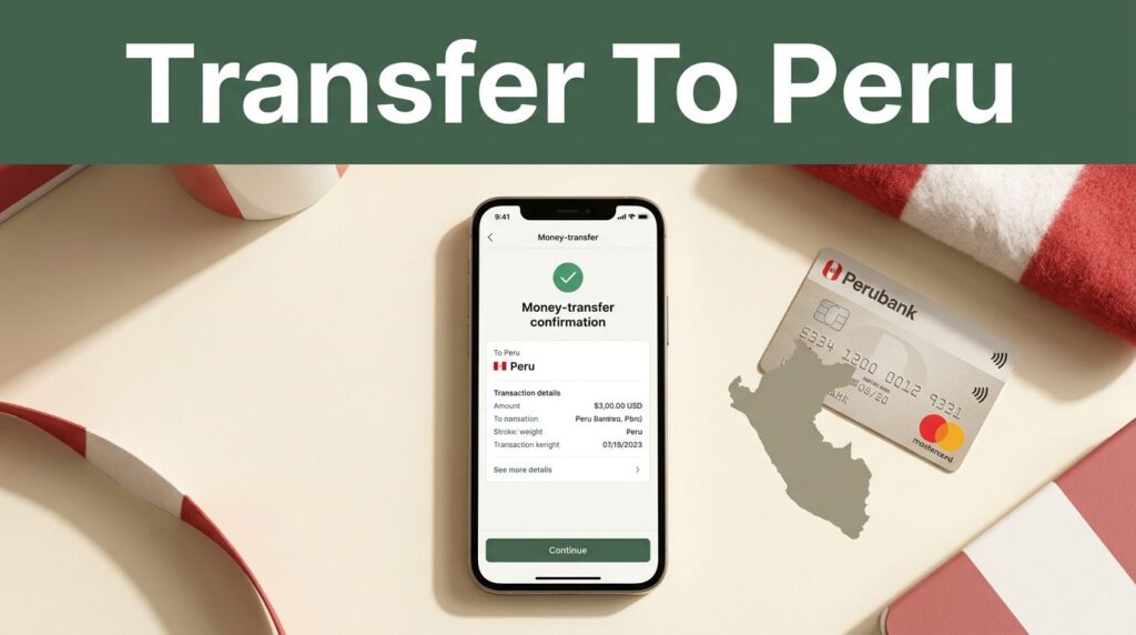 A smartphone showing a transfer screen next to a Peruvian bank card on a desk.