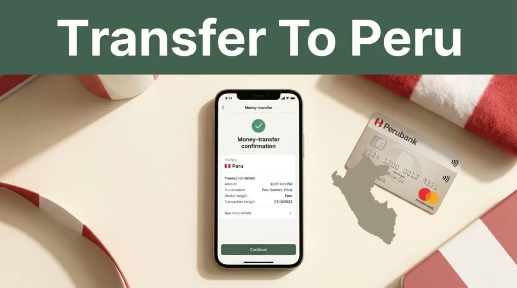 A smartphone showing a transfer screen next to a Peruvian bank card on a desk.