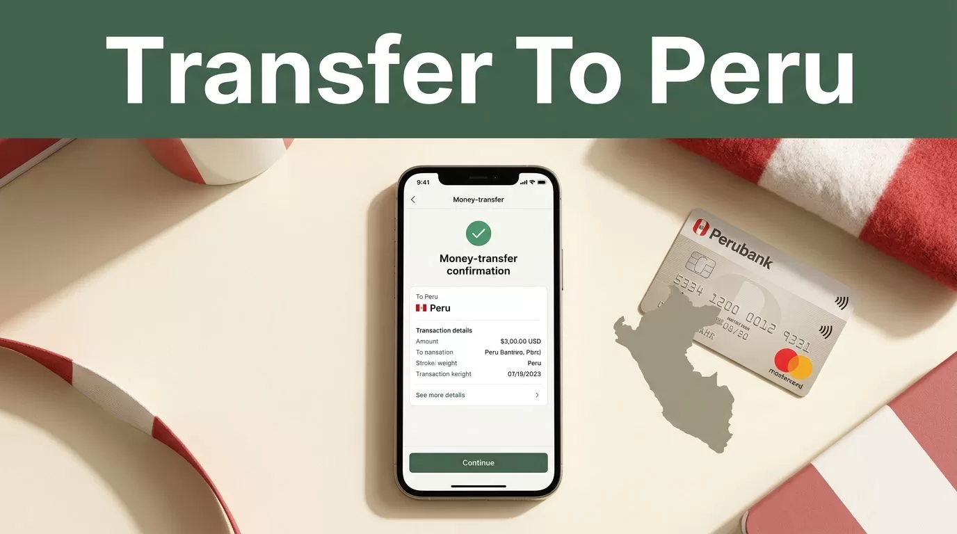 A smartphone showing a transfer screen next to a Peruvian bank card on a desk.