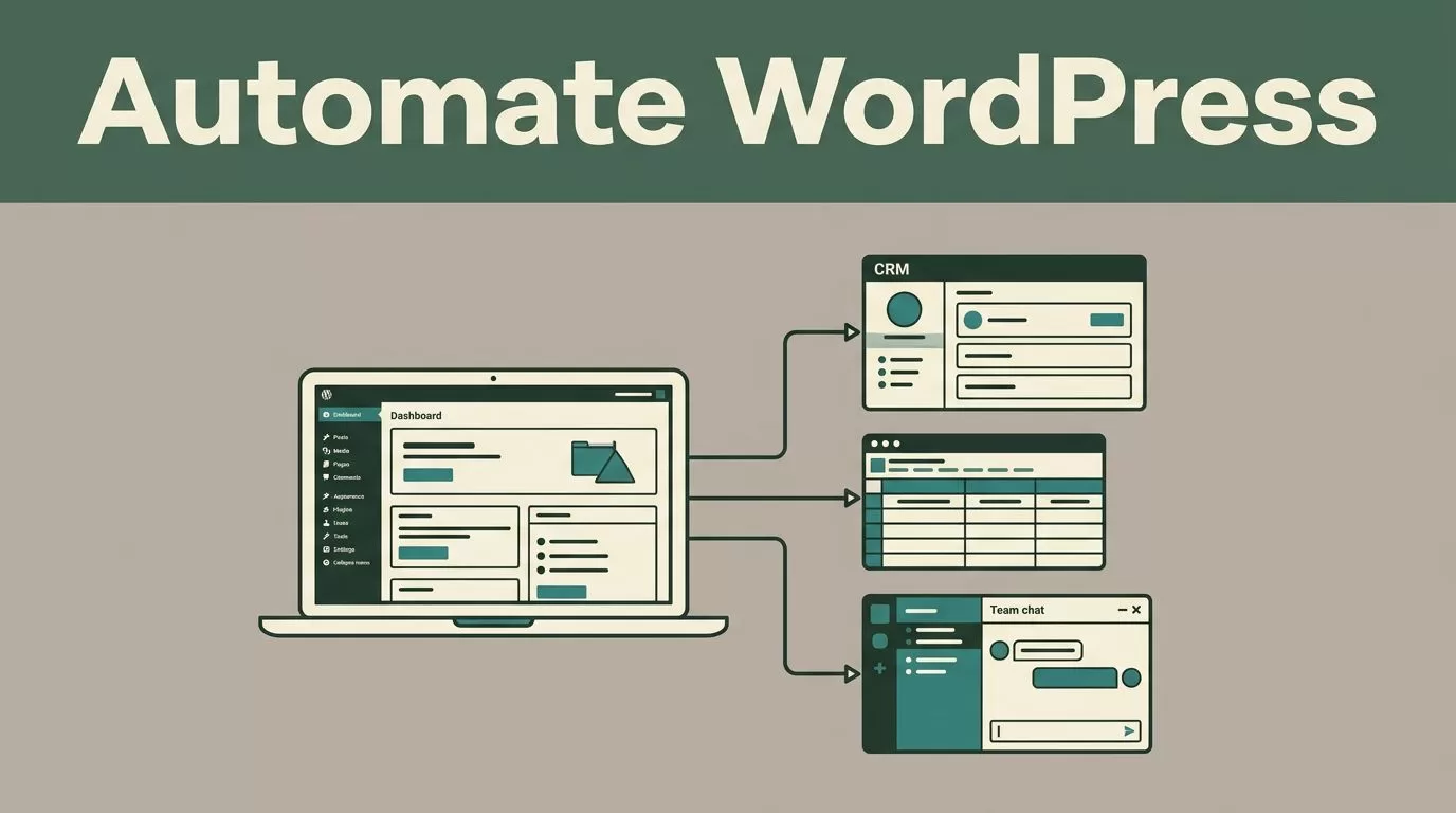 Laptop dashboard linked to a CRM, spreadsheet, and team chat beneath an Automate WordPress banner.