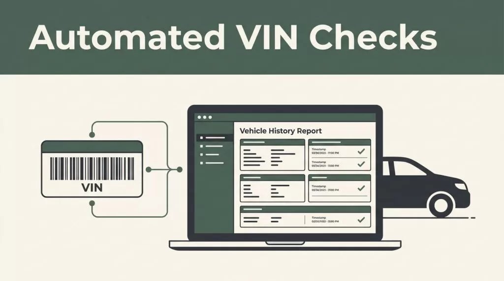 VIN barcode and vehicle history report connected on a laptop dashboard.