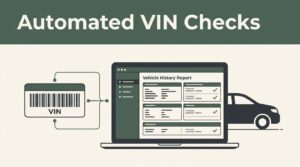 VIN barcode and vehicle history report connected on a laptop dashboard.