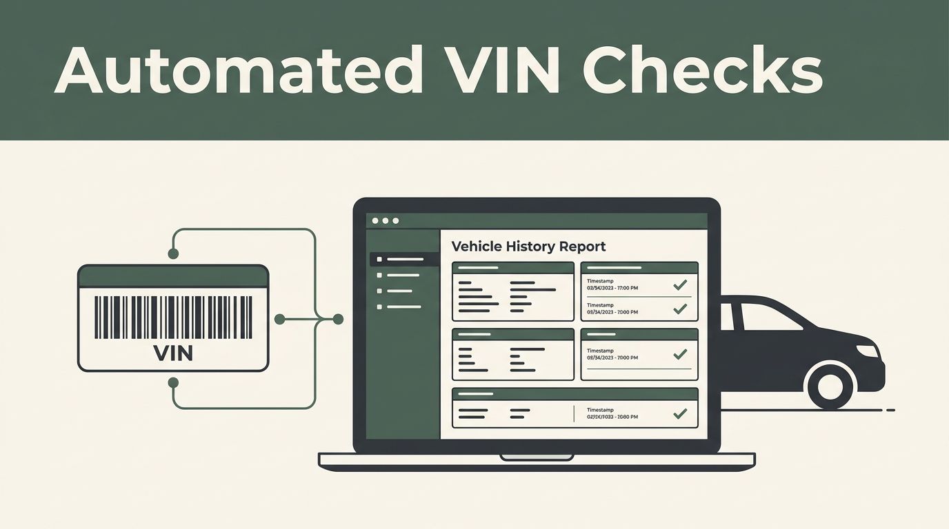 VIN barcode and vehicle history report connected on a laptop dashboard.