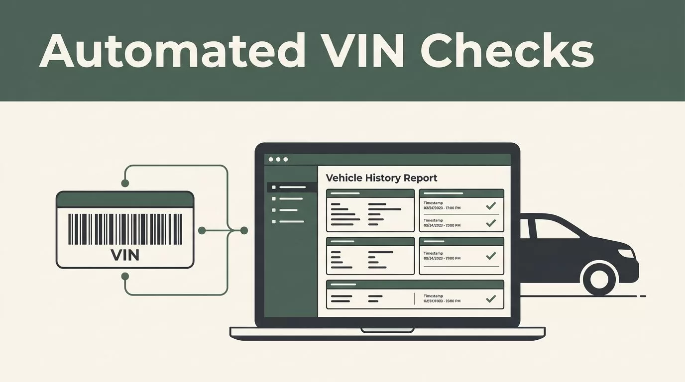 VIN barcode and vehicle history report connected on a laptop dashboard.