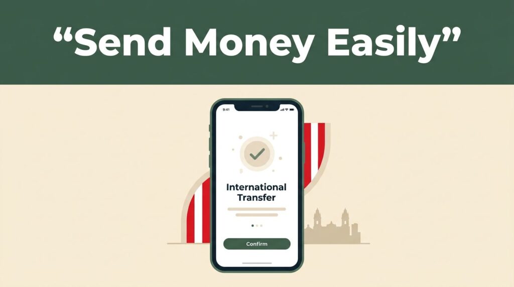 A smartphone shows a money transfer confirmation screen against a warm cream background with a Lima skyline silhouette.