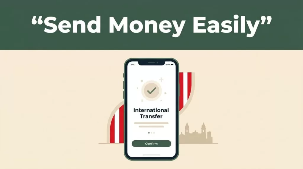 A smartphone shows a money transfer confirmation screen against a warm cream background with a Lima skyline silhouette.