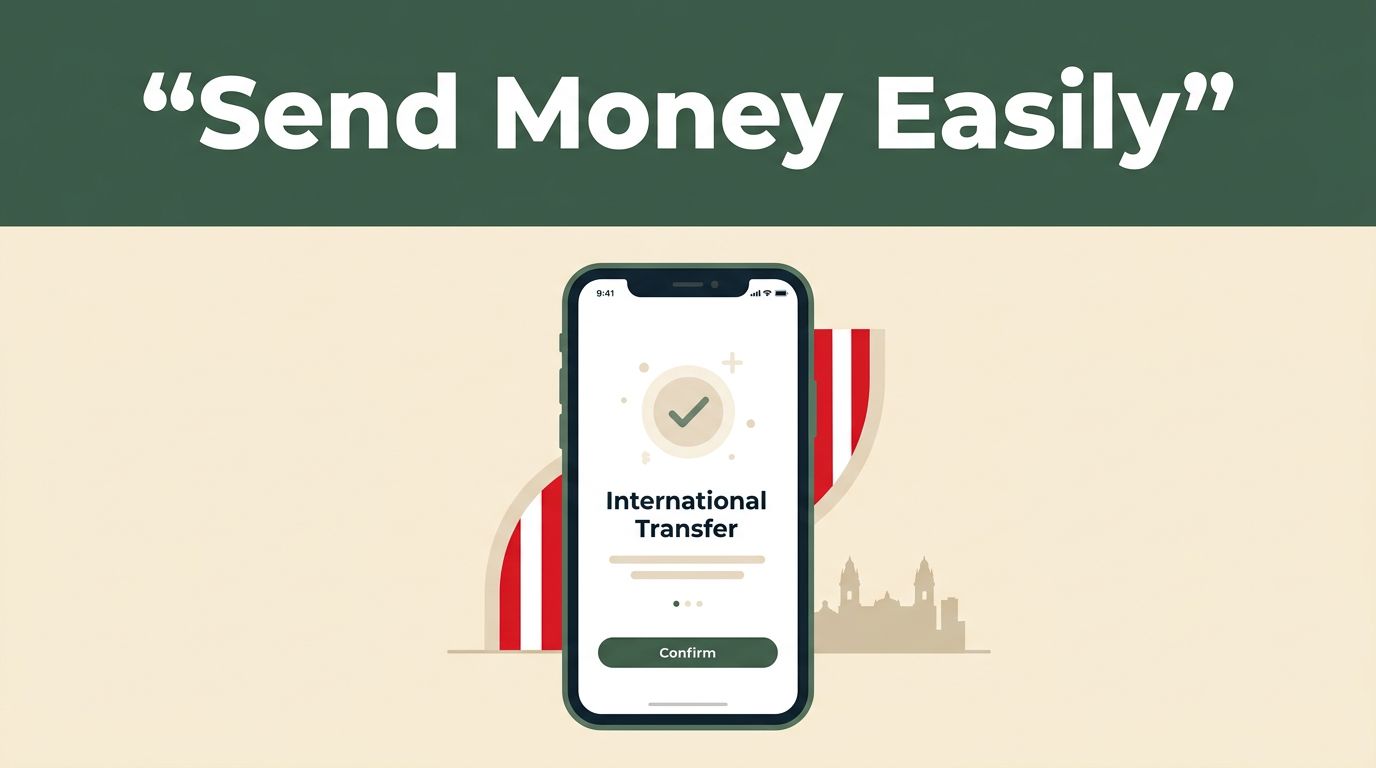 A smartphone shows a money transfer confirmation screen against a warm cream background with a Lima skyline silhouette.