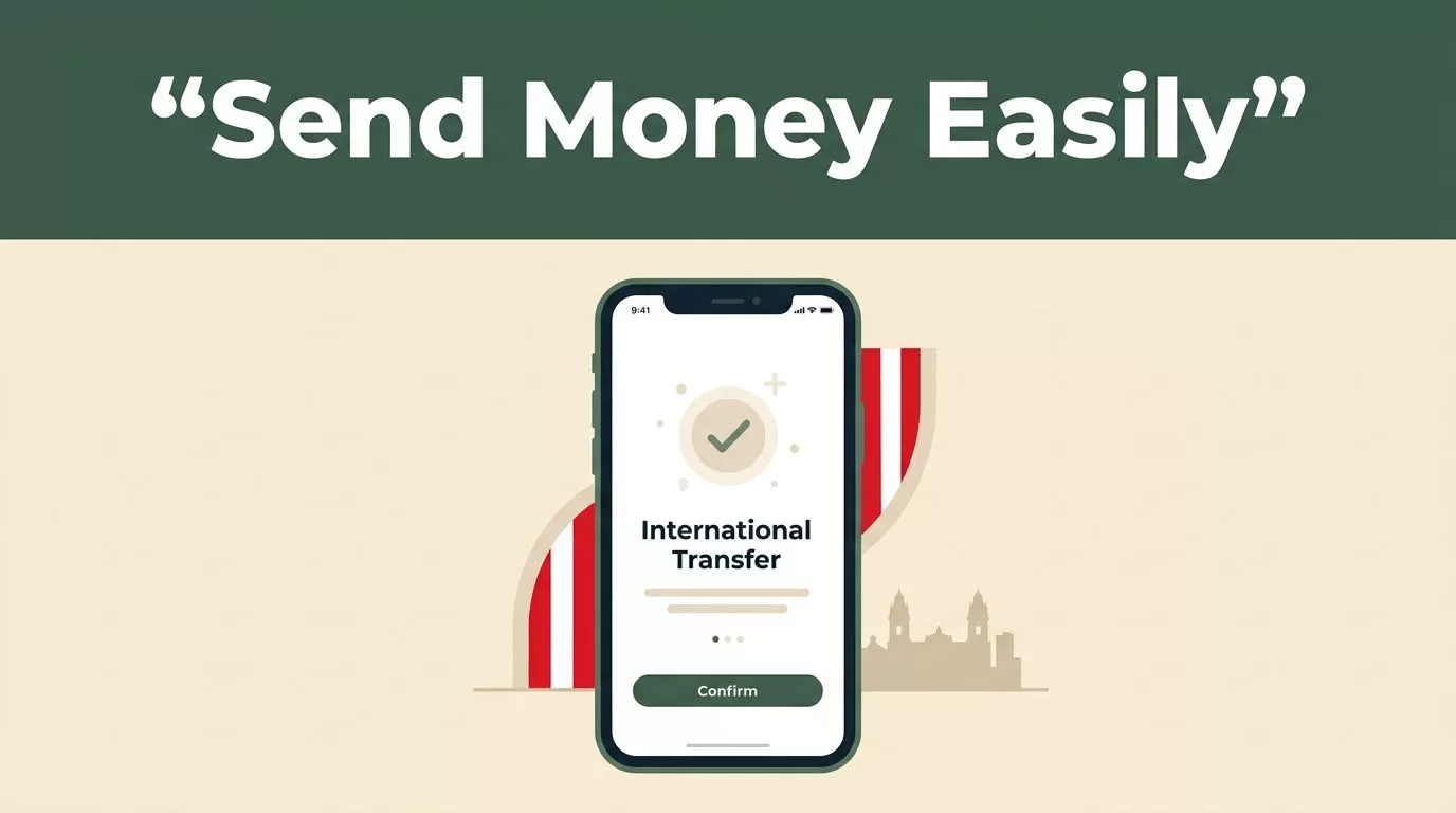 A smartphone shows a money transfer confirmation screen against a warm cream background with a Lima skyline silhouette.