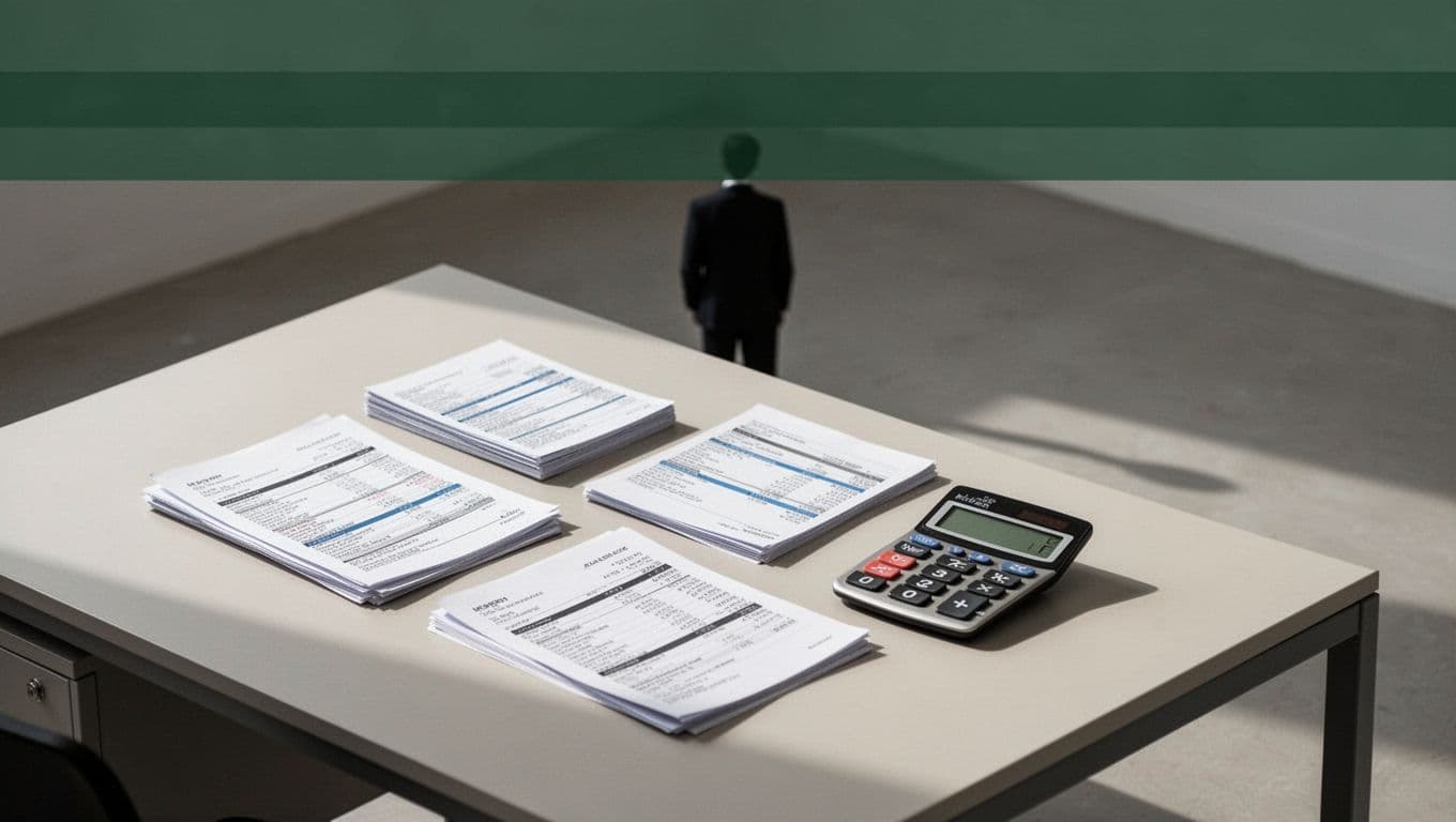 An isometric view of financial papers and a calculator on a light desk with a dark green accent band.
