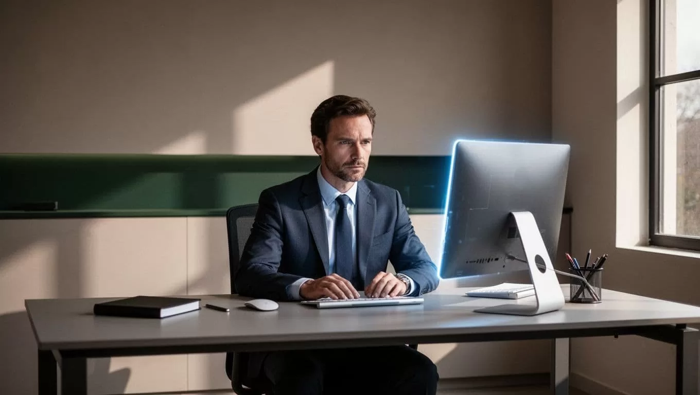 An adult focused on their laptop in a clean, organized workspace with a bold green banner overhead.