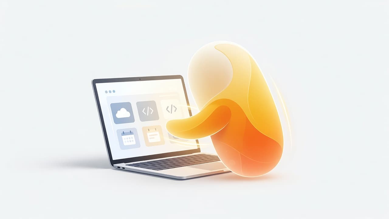 A stylized glowing character icon sits beside an open silver laptop on a clean surface. Soft warm lighting illuminates the smooth shapes, creating a bright and approachable tech atmosphere.