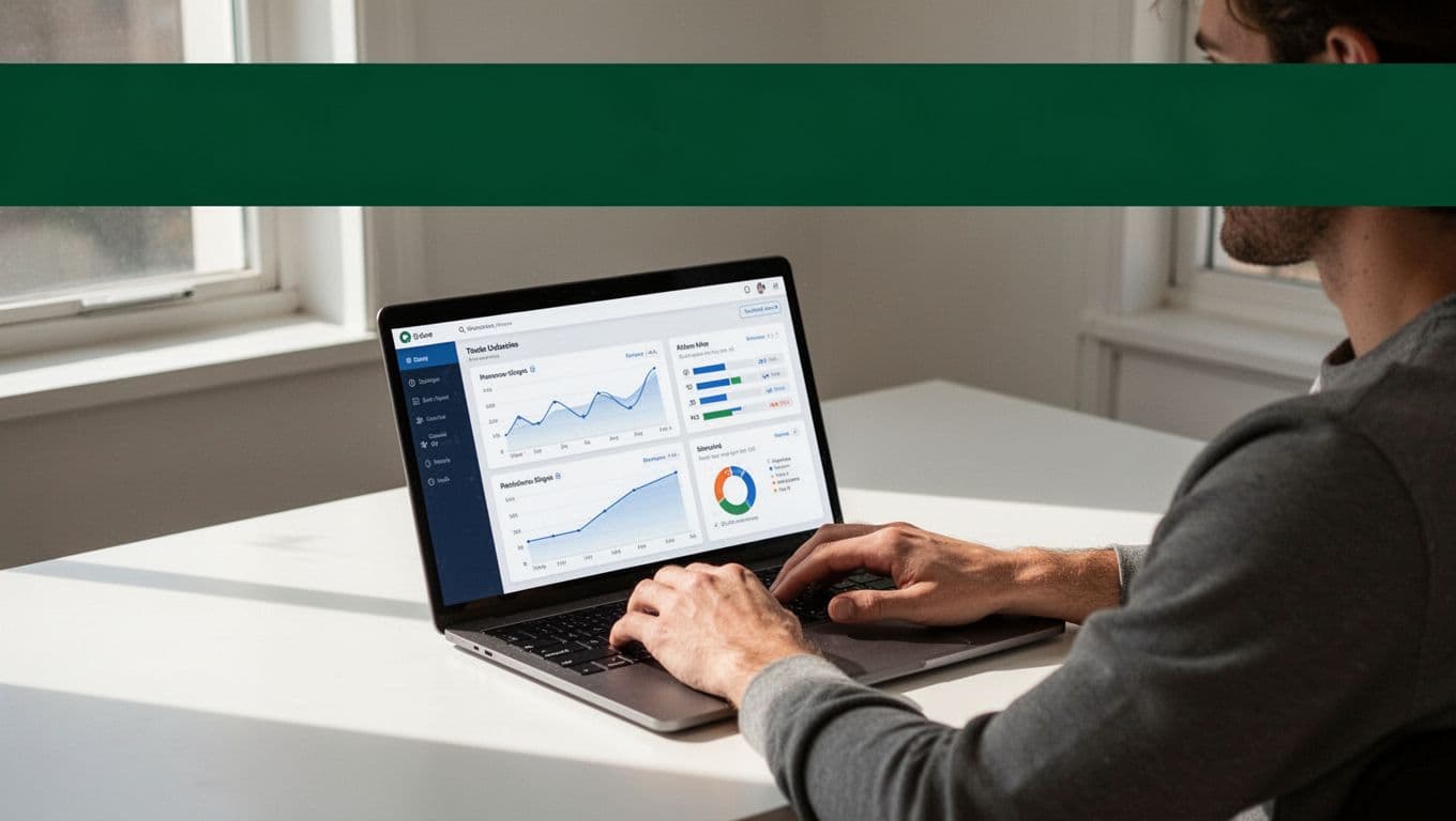 A person working on analytics dashboards on a laptop beneath a GA4 integration headline banner.