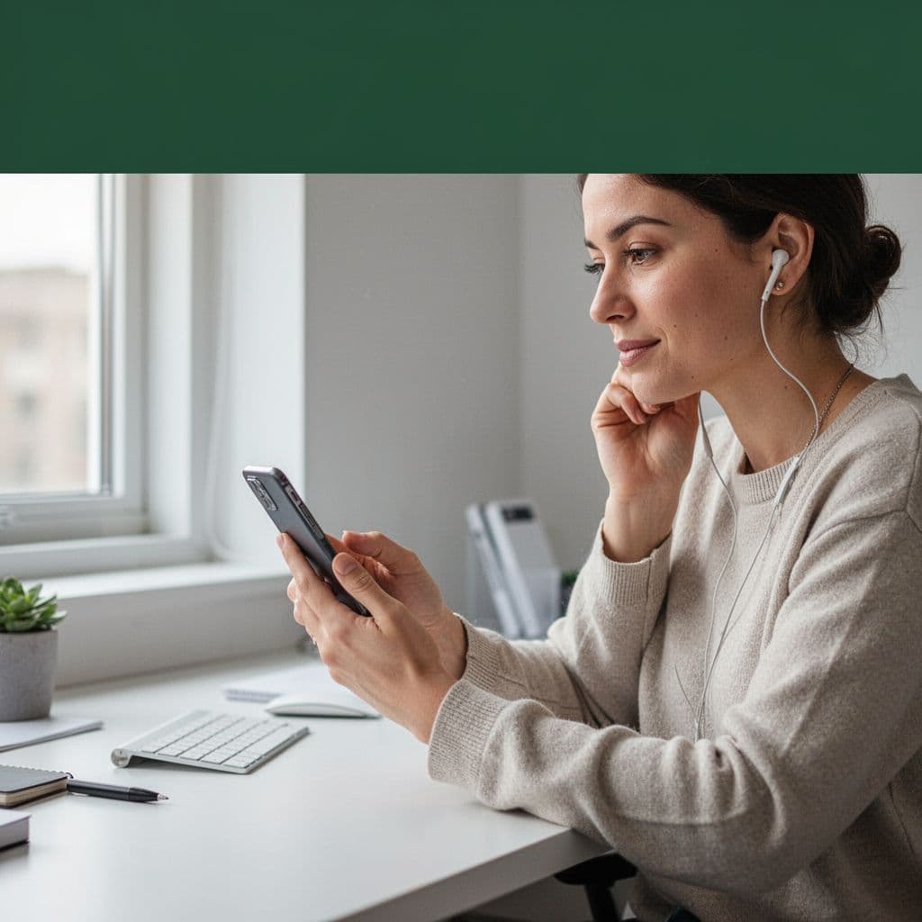 A person holds a phone in a modern workspace with a green banner reading German Audio Listening.