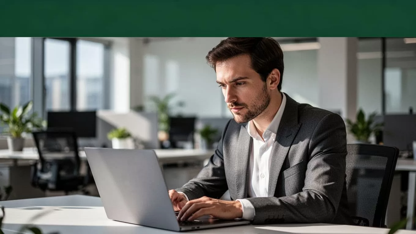 A professional working on a laptop with a green header at the top.