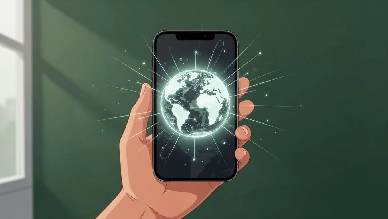 Minimalist vector illustration of a smartphone executing a global money transfer.