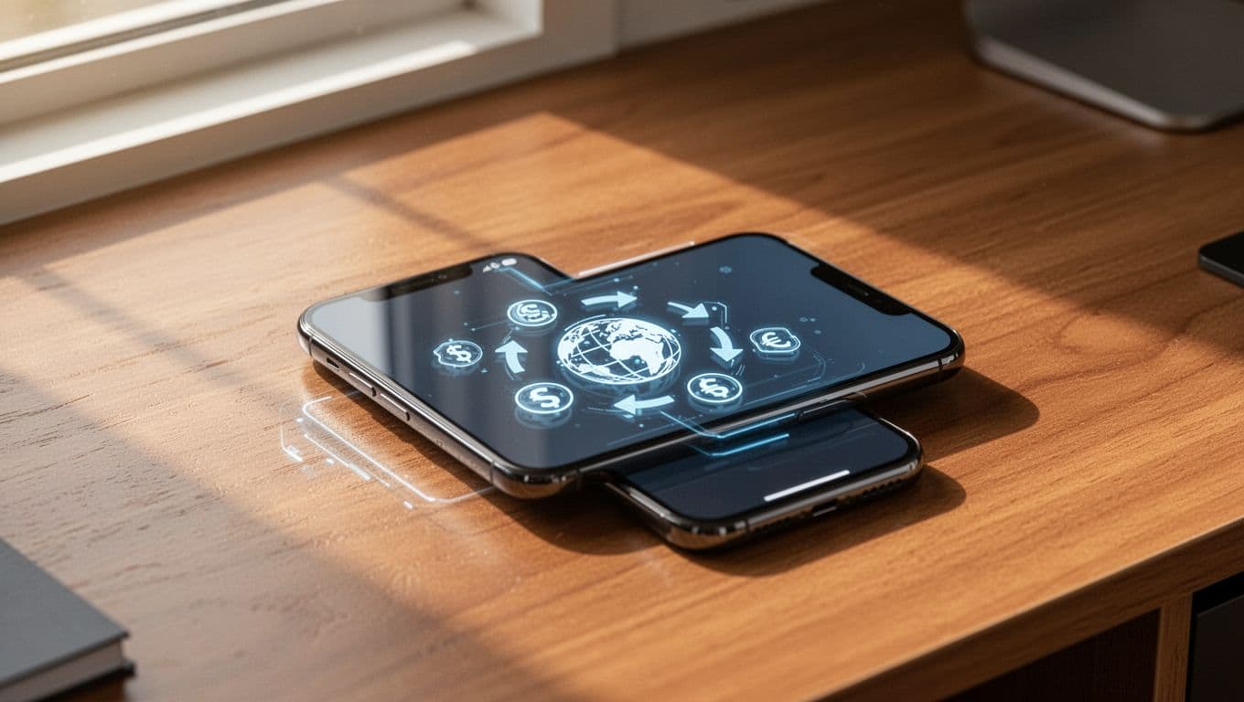 A smartphone showing a money transfer app on a desk in morning light.