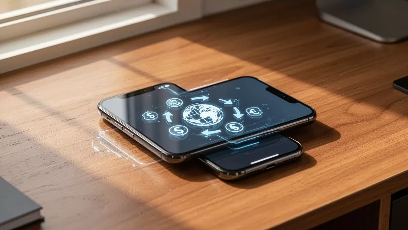 A smartphone showing a money transfer app on a desk in morning light.