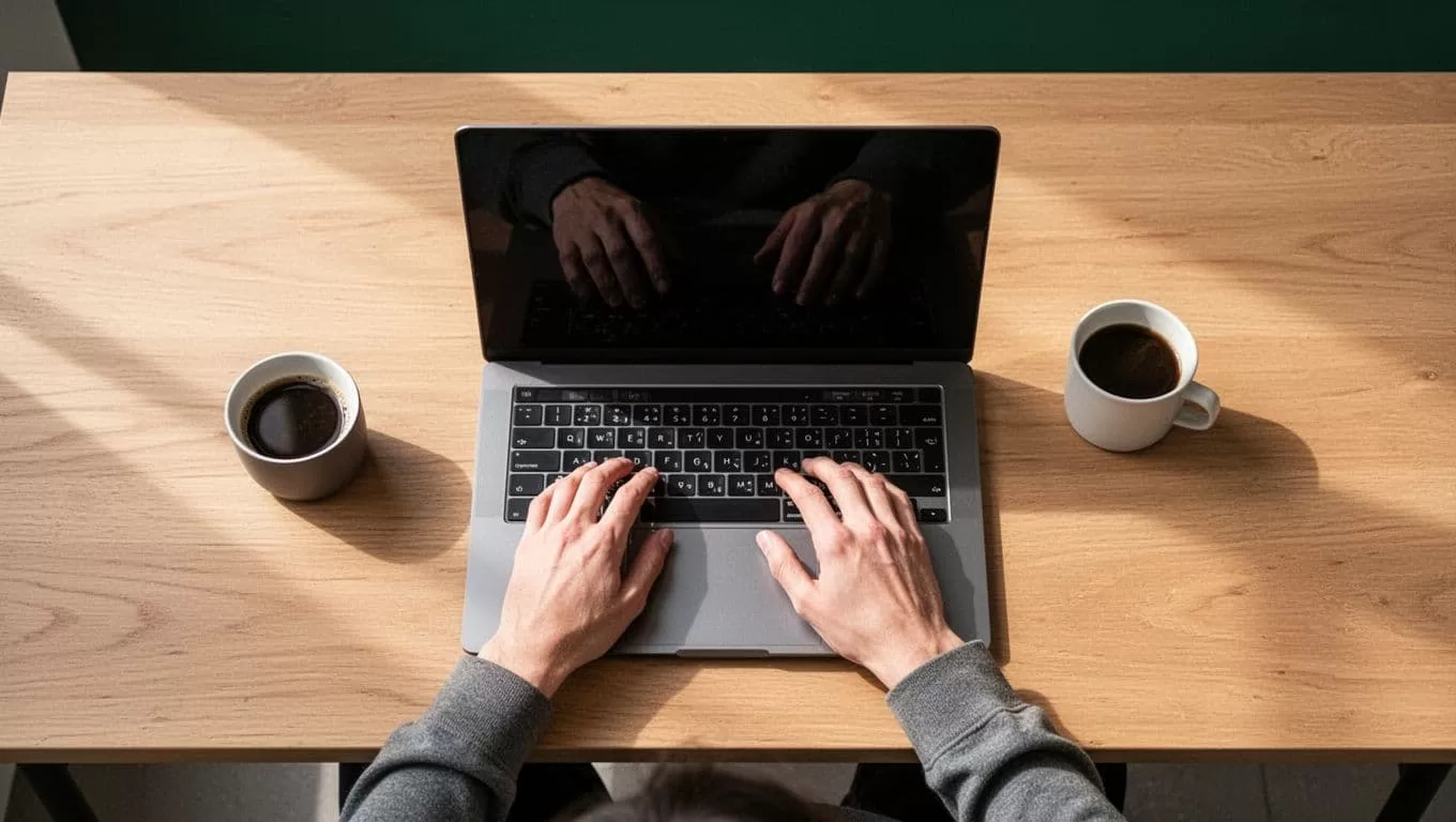 Top-down view of a laptop and coffee cup on a wooden desk with a corporate branding band.