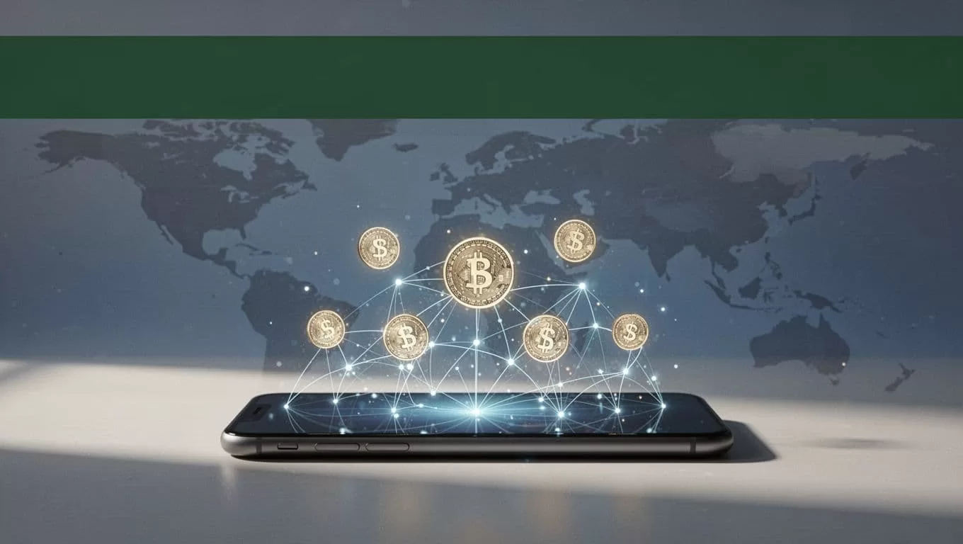 An editorial illustration depicting an international money transfer concept with digital finance graphics.
