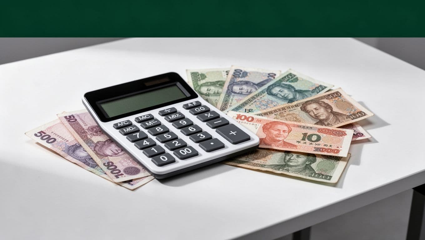 A calculator and currency notes on a clean desk beneath a Global Remittance headline.