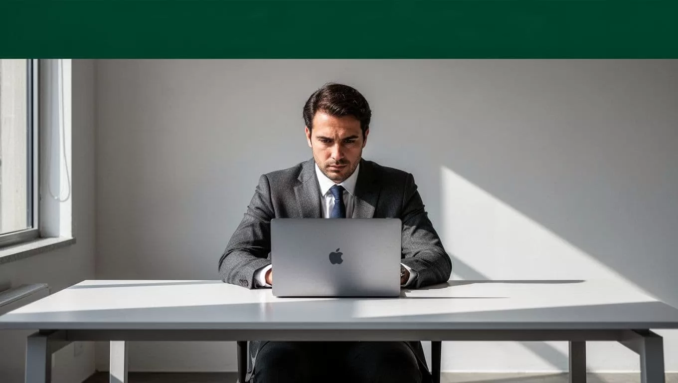 One person at a desk with a laptop beneath a green Global Transfers banner.