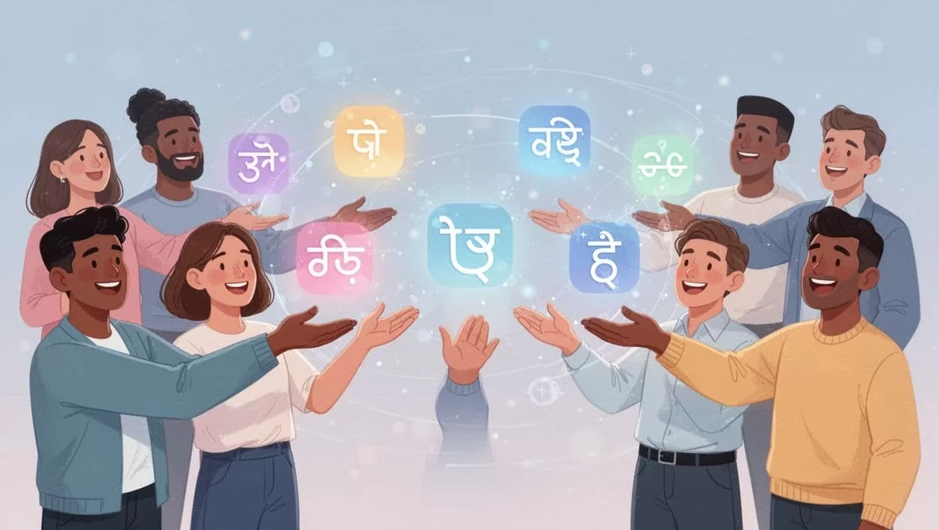 Diverse individuals interact within a digital environment, surrounded by hovering speech bubbles displaying simple symbols. The scene utilizes a flat design style with soft, cohesive colors to depict worldwide communication.