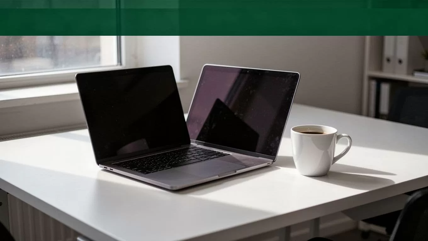 A sleek laptop and coffee cup resting on a clean minimalist desk.