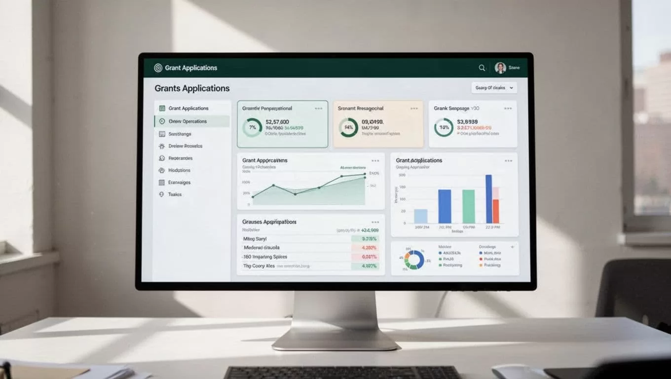 A clean digital dashboard for tracking grant applications with a dark green top banner.