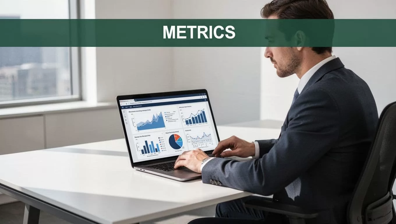A professional analyzing website performance charts on a laptop at a clean desk.