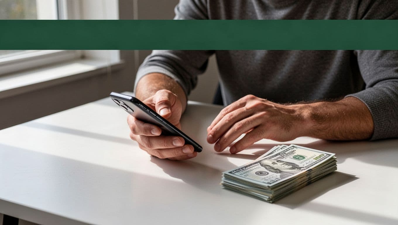 A phone and paper currency rest on a desk beneath a dark green headline banner.