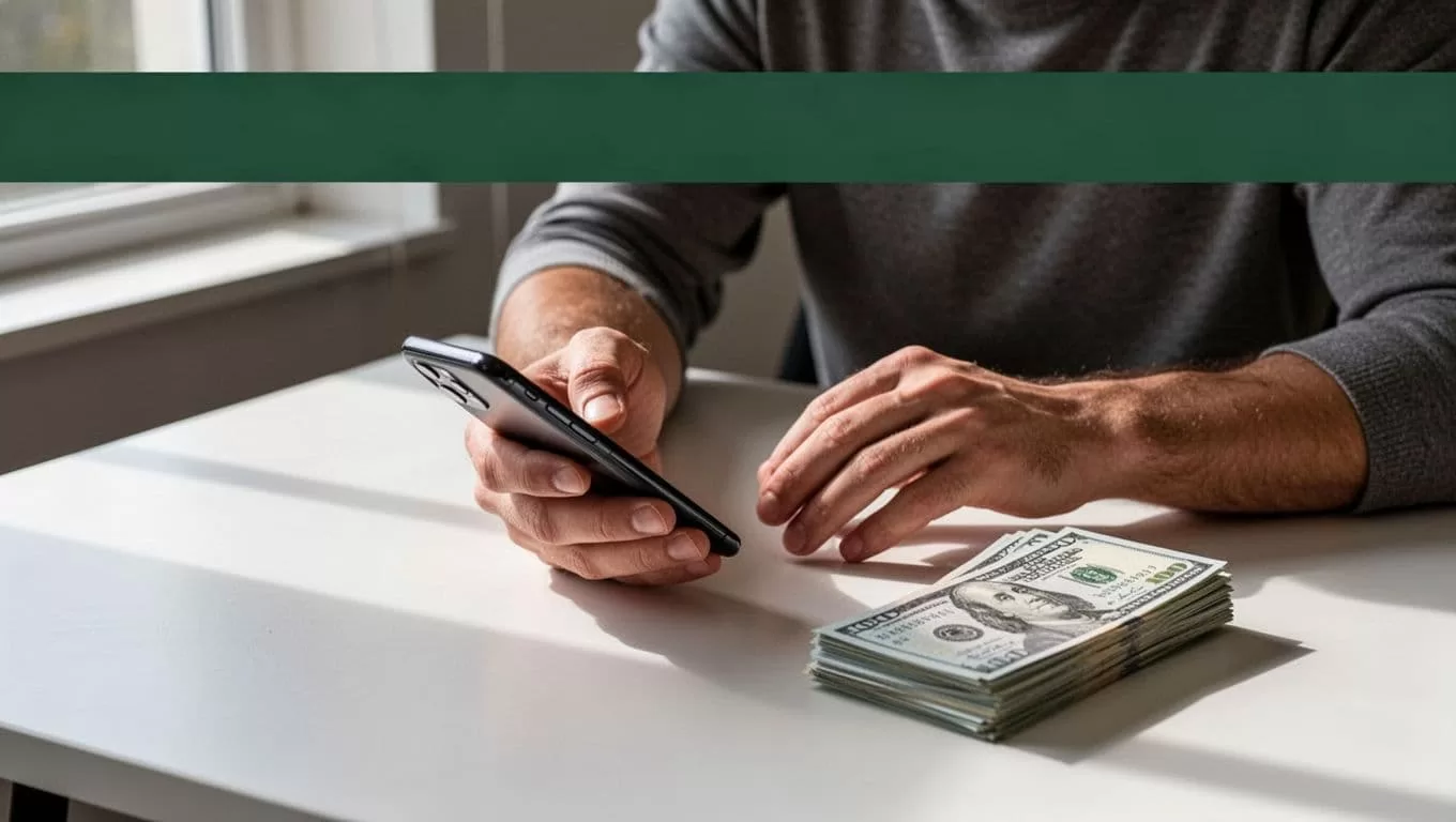 A phone and paper currency rest on a desk beneath a dark green headline banner.